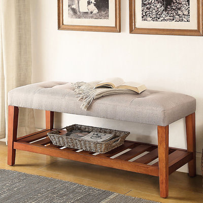 Banc chêne gris avec revêtement en tissu et tablette à lattes ouverte, siège à dossier plein, longueur de 40 po pour le rangement de la capacité de rangement, largeur du produit de 16 po