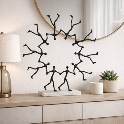 Decorative Walking Men In Ring Sculpture For Home Decor - Modern Figurine Statue For Living Room Or Shelf Decoration - 31", Black & White