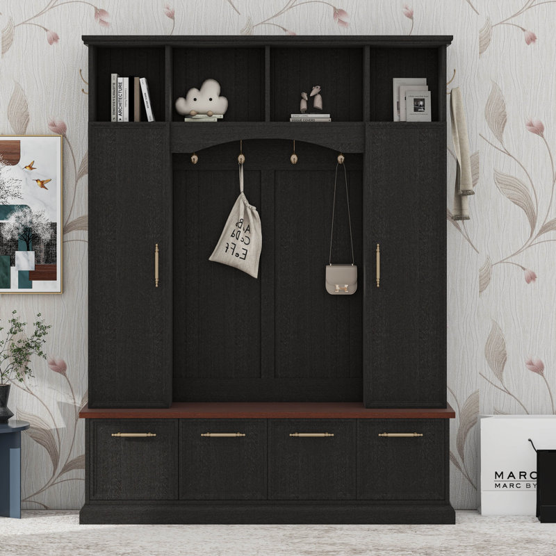 Arbre d'entrée avec crochets et poignées dorés, banc d'entrée pratique en noyer avec tablettes réglables, porte manteau et porte-chaussures style maison de campagne