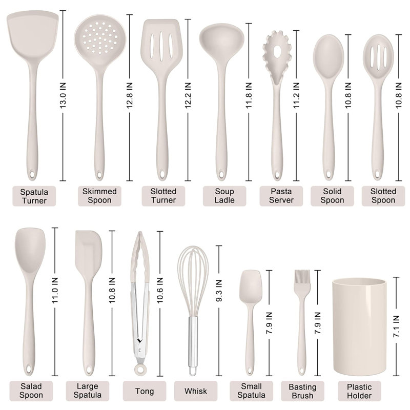 Ensemble 14 pièces d'ustensiles de cuisine en silicone, kaki, 14 pièces