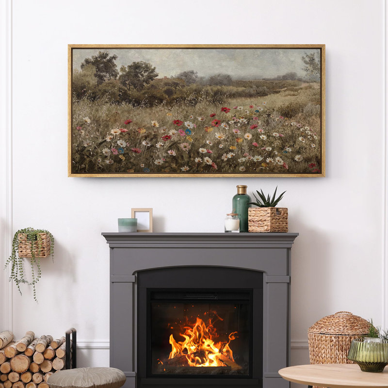 Wildflower Meadow Landscape Rustic Field with Vibrant Flowers, Natural, 30" H x 60" W