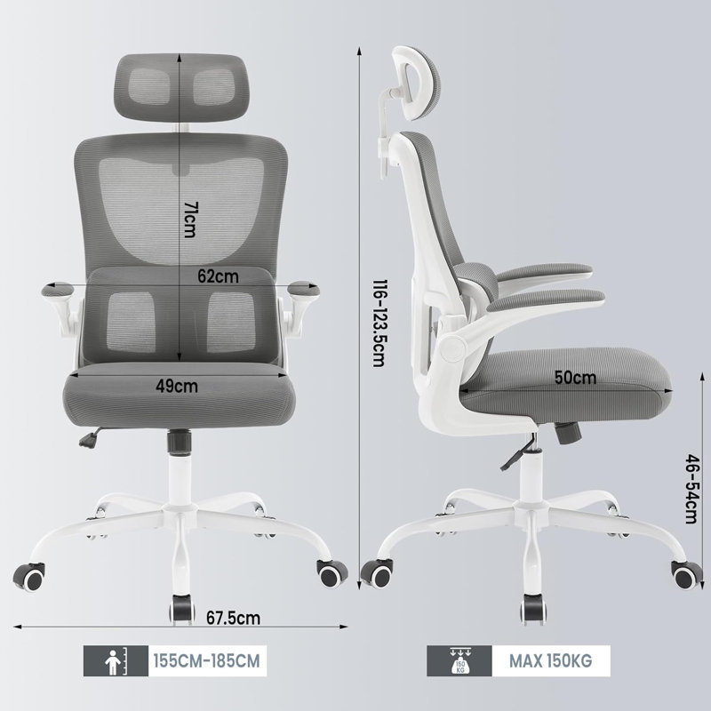 Geralde Mesh Office Chair with Headrest, White, Grey