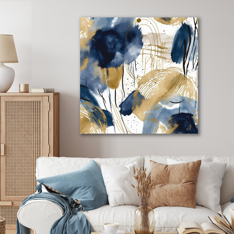 Motif abstrait avec textures bleues et dorées III - impression, H 36 po x l 36 po x P 1,5 po, Toile tendue