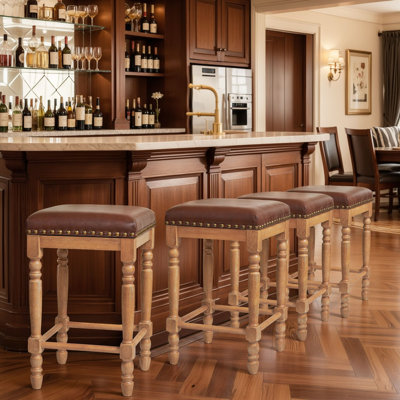 Counter Height Bar Stools, Backless Kitchen Counter Stools, Mid Century Modern Upholstered with Solid Wood Frame & Oil Wax Leather for Kitchen Island Dining Room
