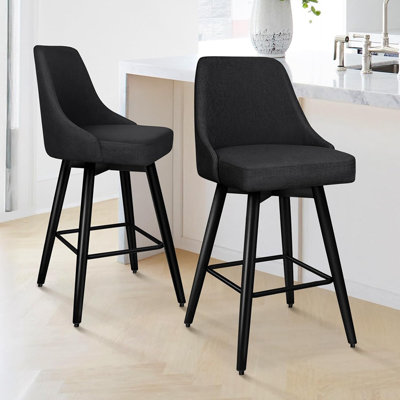 Ensemble de 2 tabourets de bar modernes à hauteur de comptoir avec dossier complet, sièges en tissu rembourrés et pieds en métal, noir