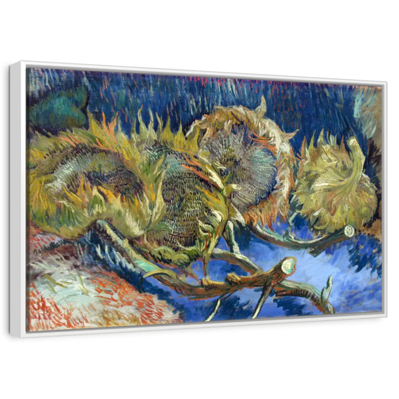 Quatre tournesols passés à la graine, 19 po x 13 po, Cadre flottant blanc