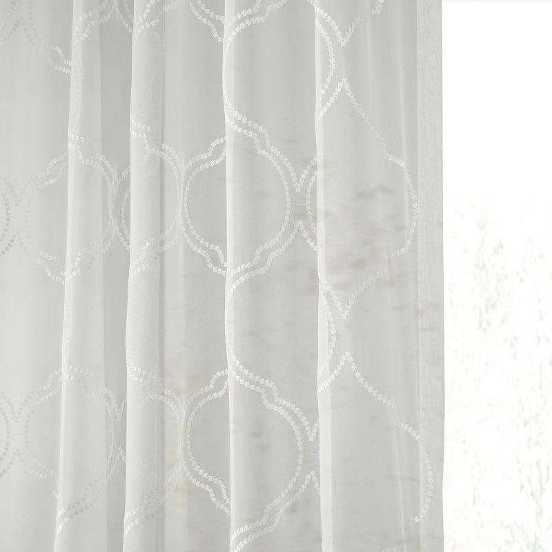 Dannel Florentina Geometric Embroidered Rod Pocket Sheer Curtains - Single Panel Drapes, 50" W x 84" L, White