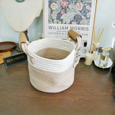 Cotton Rope Woven Basket With Handle, Laundry Basket & Hamper For Nursery, Bathroom Woven Storage Bins For Organizing Shelves, Towels, Books, Toys, Blanket