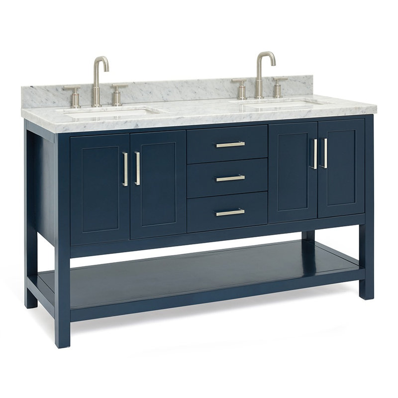 Magnolia Bath Vanity Oval Basin, Rectangle , Carrara White Marble, Midnight Blue