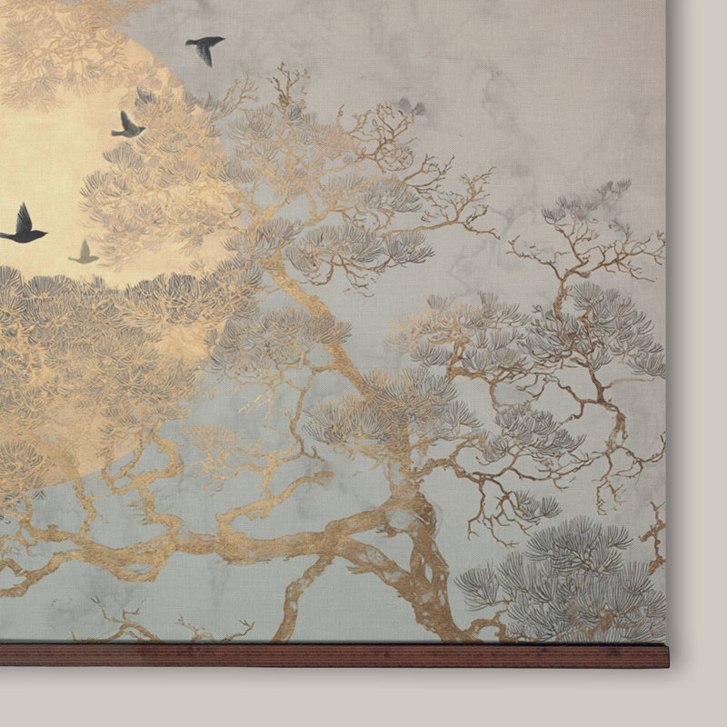 Reproduction d'art sur toile encadrée, "Golden Moon and Birds", H 40 po x l 60 po