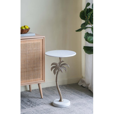 Table d'appoint ronde 14 po x 14 po x 24 po avec plateau en marbre blanc et palmier doré