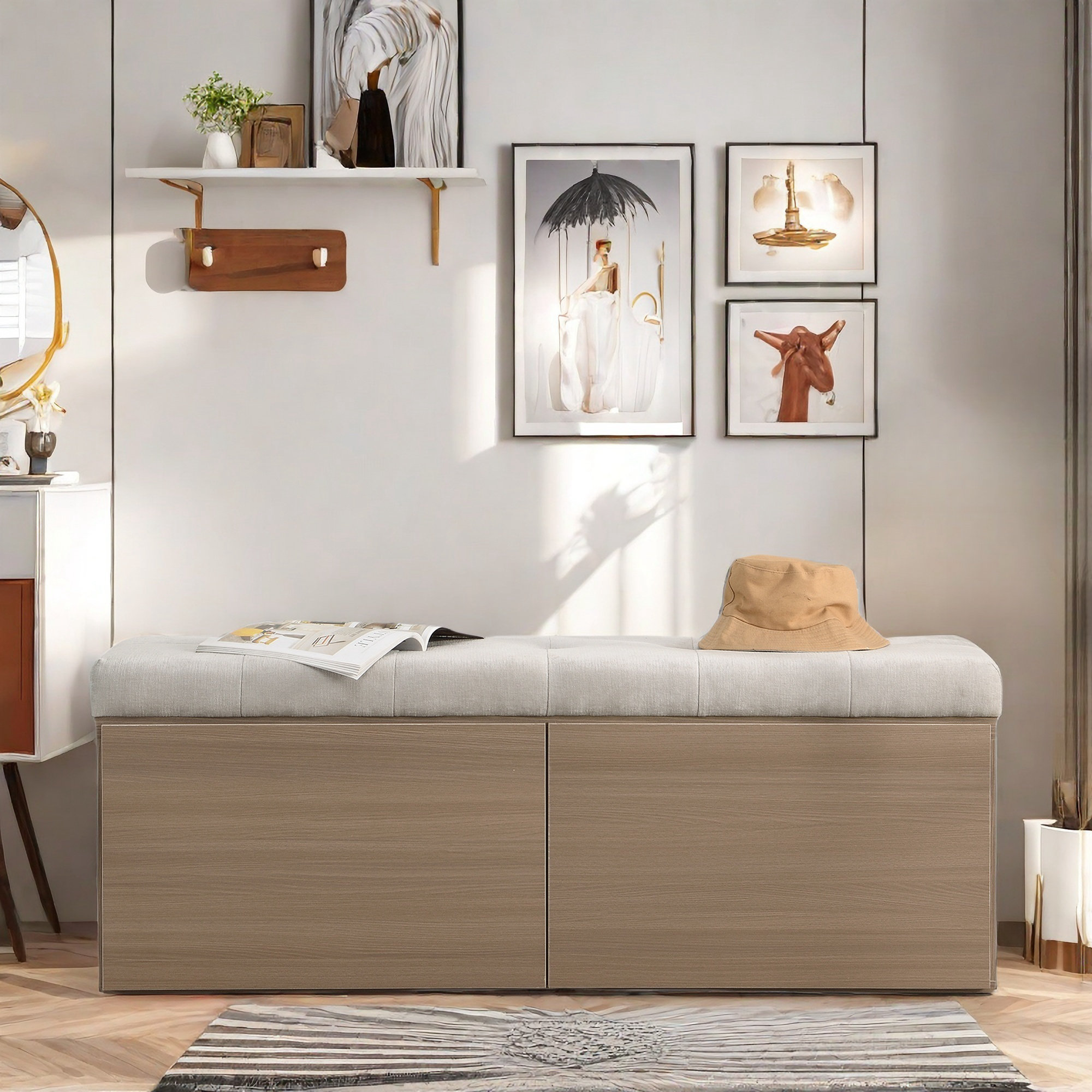 Rebrilliant Shoe Storage Bench With Padded Seat Cushion, Double Doors