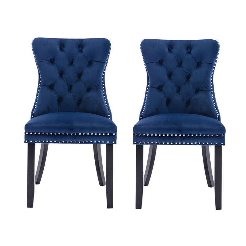 Velvet Upholstered Dining Chairs with Ring Pull Trim and Button Back and Wood Legs, 2, Khaki, Black