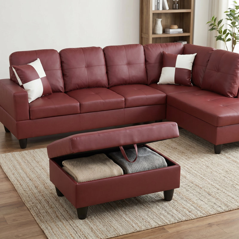 Canapé modulaire en L en similicuir bourgogne avec méridienne réversible et repose-pieds avec rangement, ensemble de canapé capitonné avec 2 coussins décoratifs pour le salon