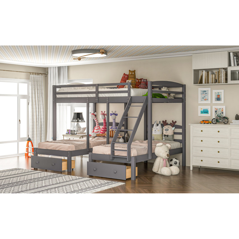 Gray Triple Bunk Bed With Drawer Functionality And Efficient Design - Solid Pine , Space Saving For Bedrooms Practical Made, User-