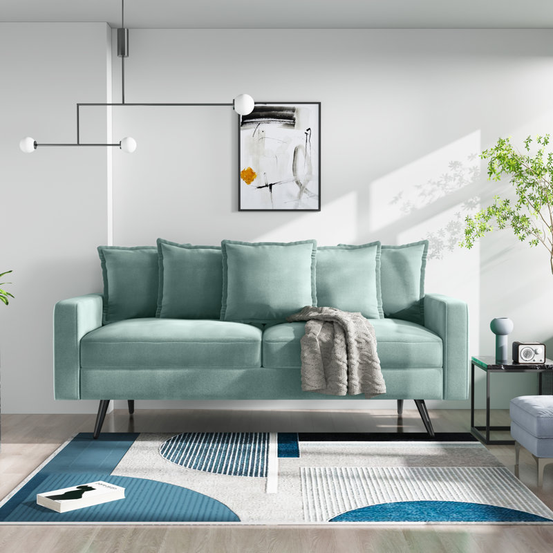 70" Velvet Square Arm Sofa, Aqua Turquoise Velvet, Black