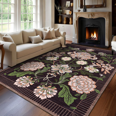 Vintage Boho Rugs Washable Area Rug Low Pile Non Slip Carpet Floral Botanical Accent for Living Room Bedroom Dining Nursery