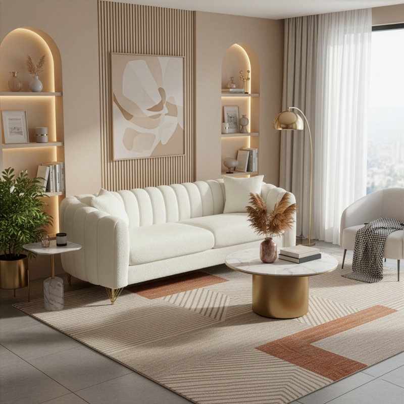 84.85" Bouclé Fabric Sofa | Teddy Upholstery, Beige