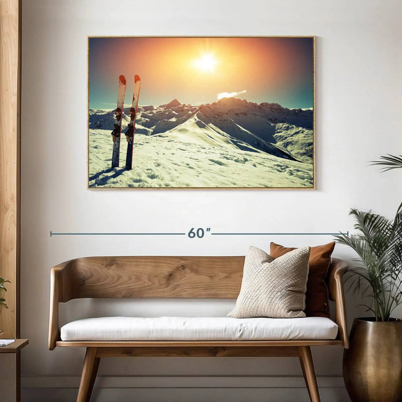 Skis dans la neige, Cadre flottant en bois naturel, 46 po x 31 po