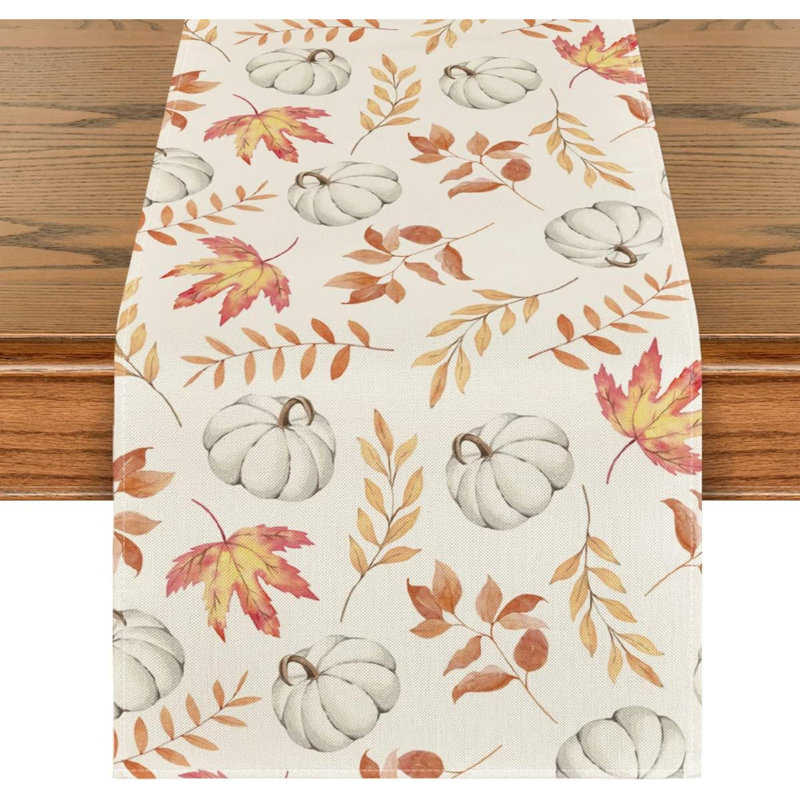 Pumpkins Maple Leaves Brown Wood Fall Table Runner, Seasonal Autumn Kitchen Dining Table Decoration For Home Party Decor 13X36 Inch