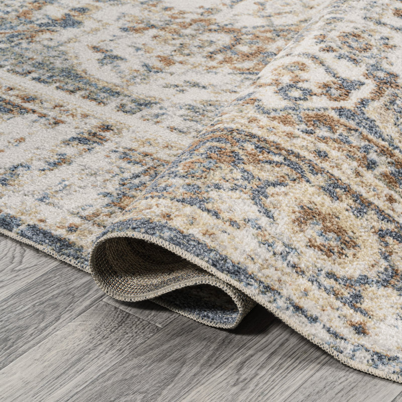 Keesha Bold Distressed Medallion Low-Pile Machine-Washable Blue/Cream Rug, Rectangle 2'11" x 4'11"