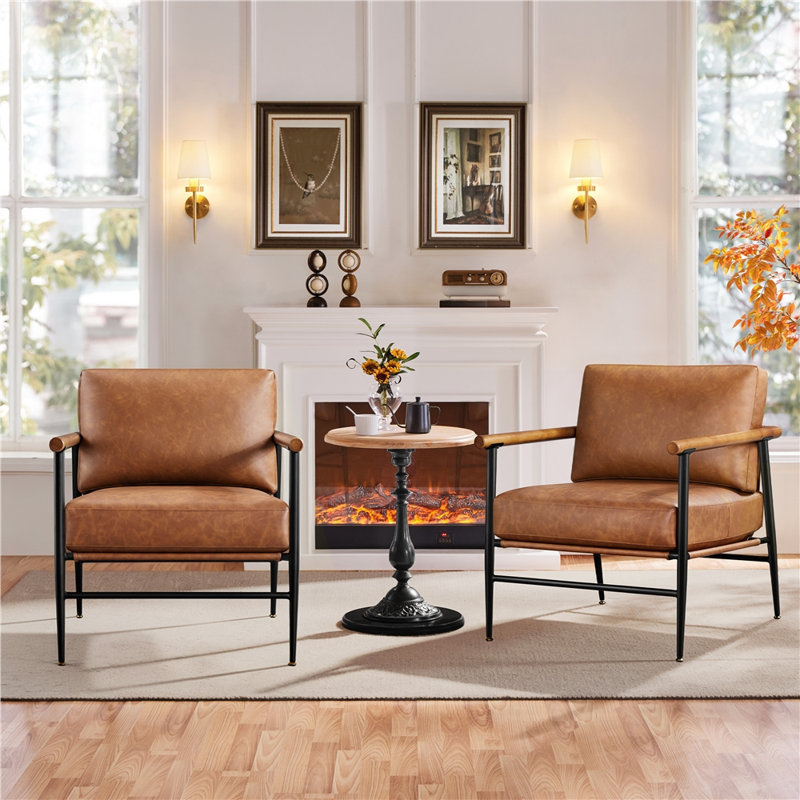 Chaise d'appoint moderne en similicuir avec accoudoirs en bois massif