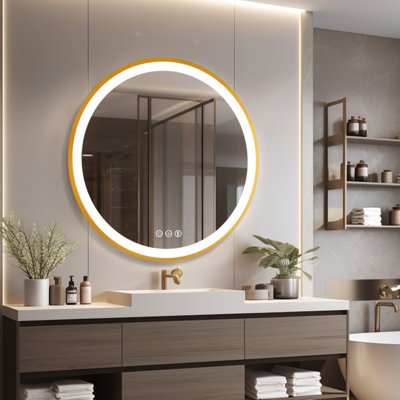 Wall-mounted Round Bathroom Mirror With Led-lights Anti-fog Dimmable Glod Frame Vanity Makeup Mirrors