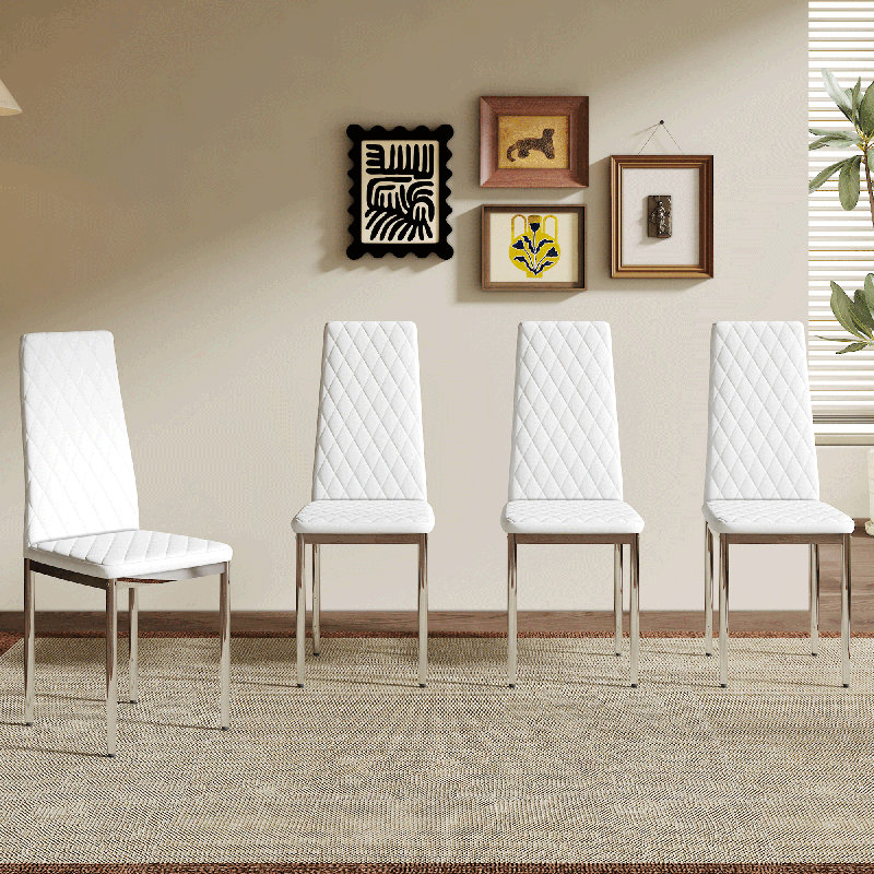 Garrens Modern Faux Leather High Back Dining Chairs with Chrome Metal Legs , White