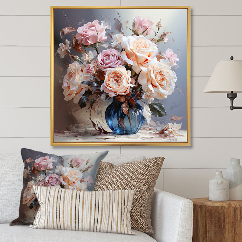 Magnifique bouquet de roses sur toile, Cadre flottant doré, H 16 po x l 16 po x P 1 po