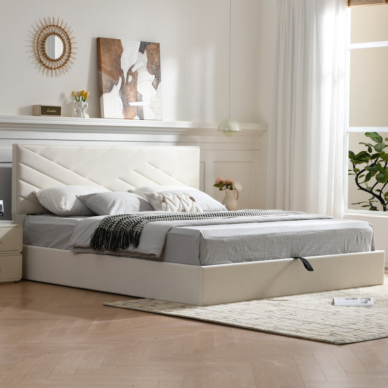 Full Size Upholstered Lift-Up Storage Platform Bed with Chevron Padded Headboard, No Box Spring Required Hydraulic Storage Bed