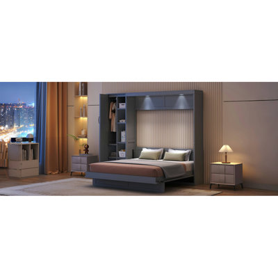 Grand lit escamotable mural avec tablettes, garde-robe et lumières DEL, gris