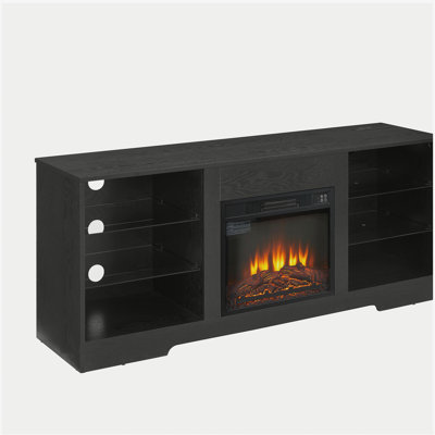 Meuble télé avec foyer électrique et tablette en verre, foyer 3D avec lumières DEL, bois avec prise de charge USB, centre de table de télévision moderne, convient aux téléviseurs de 32 à 62 po, noir, l 58 po x P 15,5 po x 24,4 po