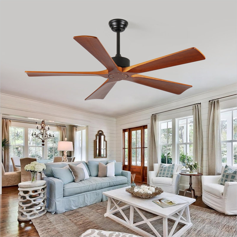 Ventilateur de plafond en bois naturel de 52 pouces avec télécommande, intérieur de style Mid-Century extérieur pour les patios et les salons
