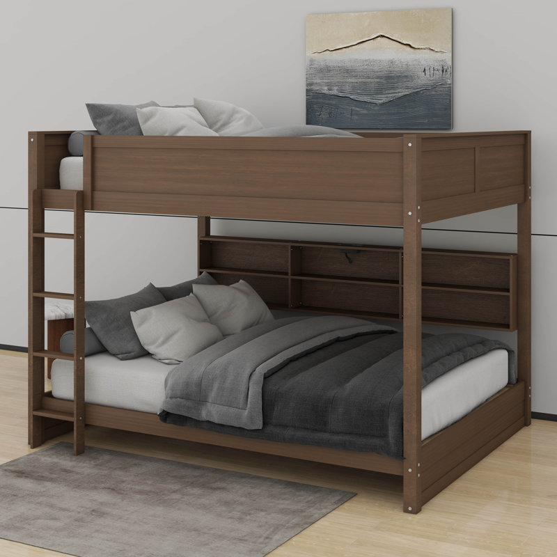 Lit superposé grand sur grand avec armoires et ports USB, Bois antique