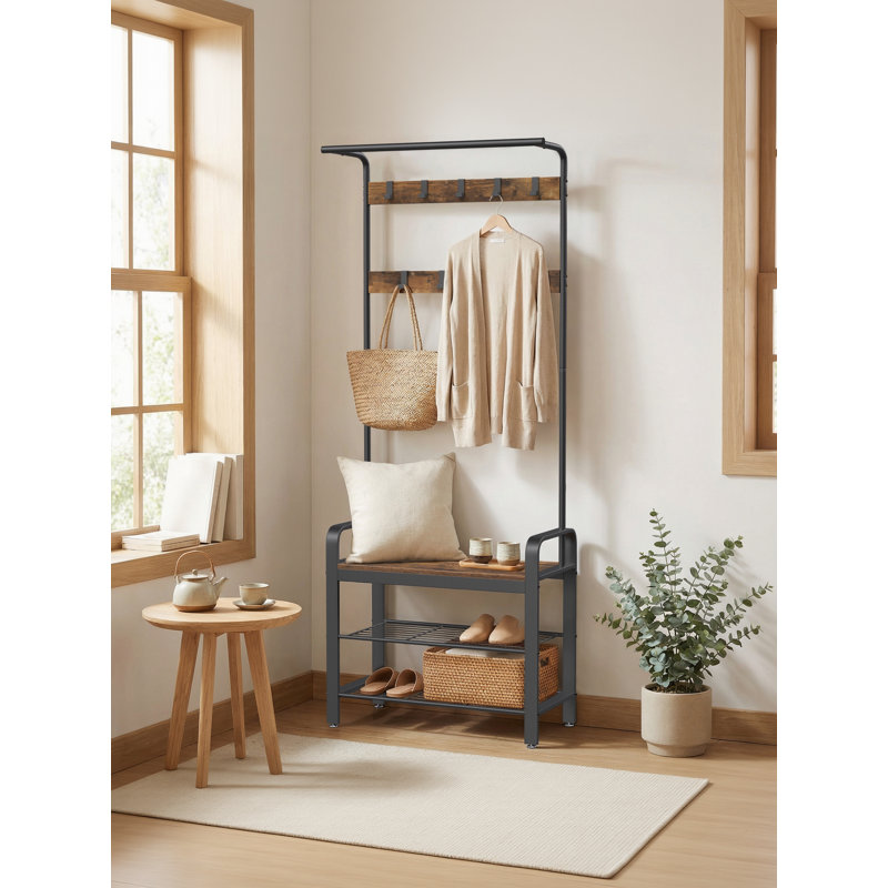 Coat Rack, Coat Stand with Shoe Storage Bench, 4-in-1 Design, with 9 Removable Hooks, a Clothes Rail, 34 x 72 x 183 cm, Industrial, and Black