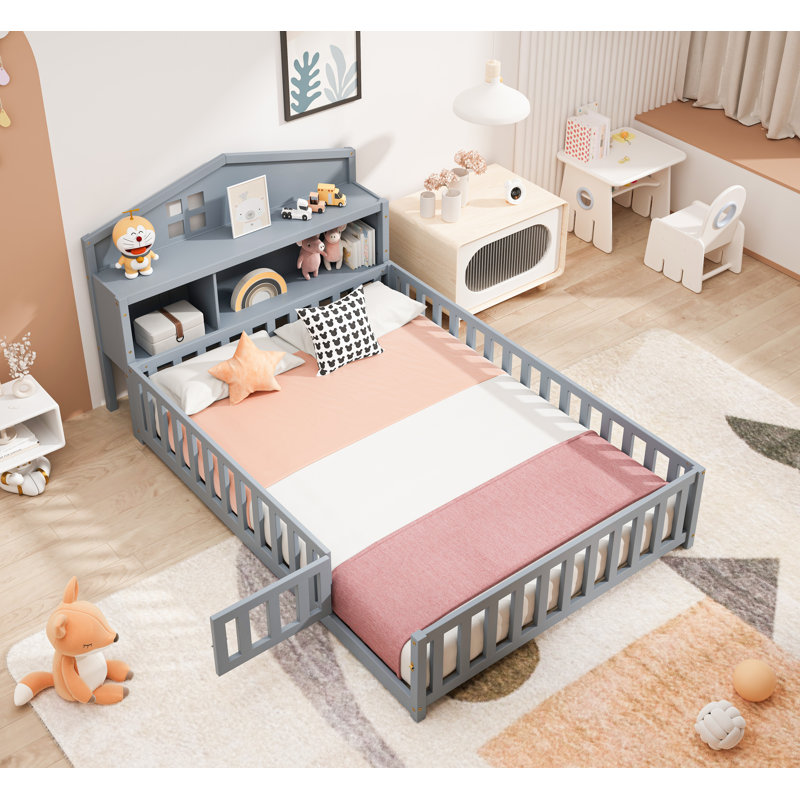 Full-size Floor Beds with Bookcases and Blackboards with Guard rails, Storage Headboards, Grey, Gray
