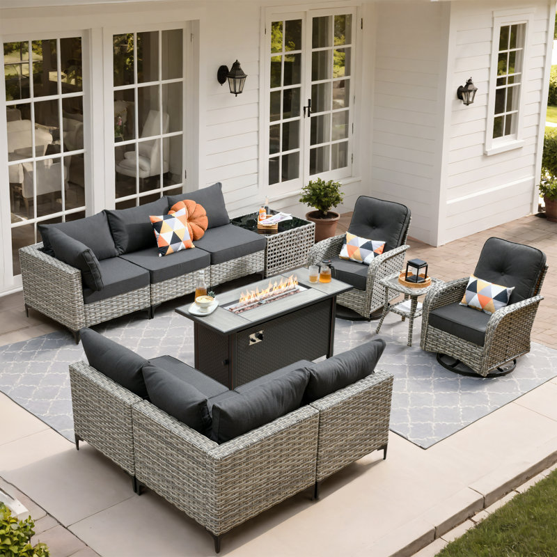 Daltry 11 Piece Outdoor Wicker Conversation Sets With Fire Pit Table and Coffee Table With built-in lights, Black