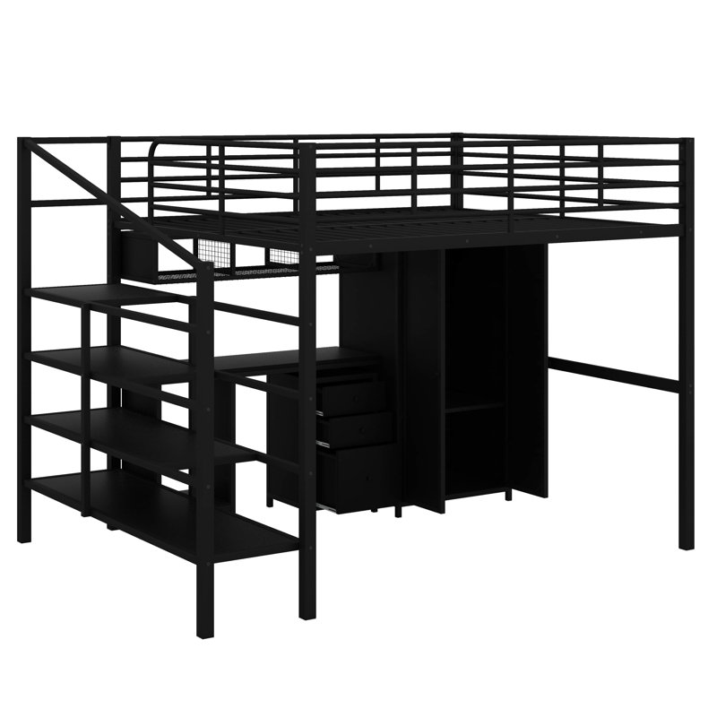 Lit mezzanine double en métal avec garde-robe et table