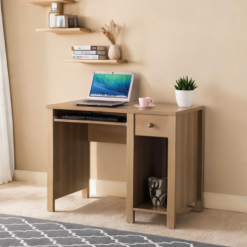 Bureau d'écriture compact avec plateau à clavier et tiroir, panneau de particules brun chaud, 39 W, bureau à domicile peu encombrant