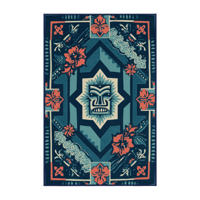 Machine Washable Flemington Maui Eclectic Block Print Rug in Blue – Navy Binding