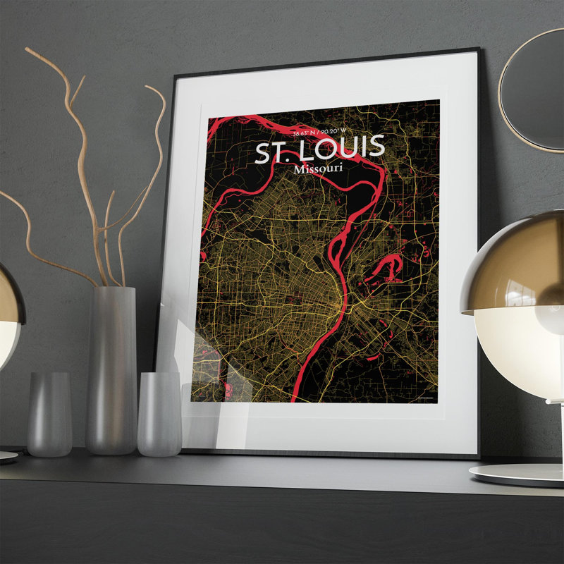 St. Louis City Map, impression, H 20 po x l 16 po, Noir / rouge / jaune