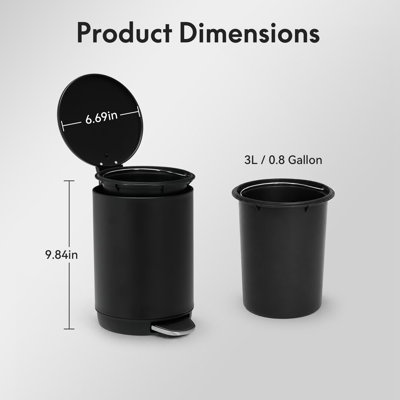 Poubelle compacte ronde en acier inoxydable noire de 3 L (0,8 gal), ouverture pour pédale et seau intérieur amovible pour les petits espaces comme les salles de bain, les chambres à coucher et les bureaux