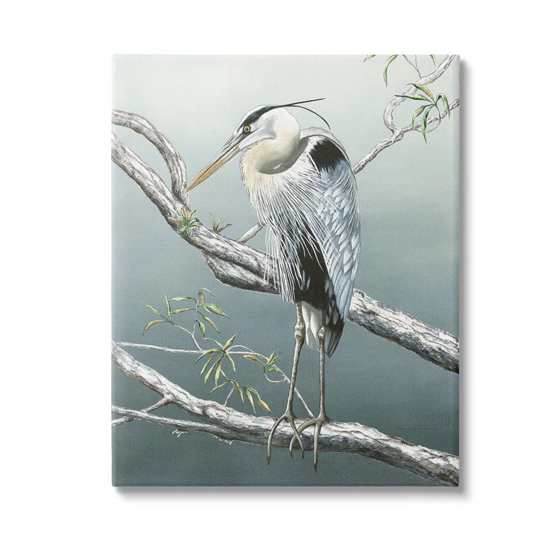 Art traditionnel sur toile, "Heron traditionnel sur une branche" par Christine Reichow, H 30 po x l 24 po