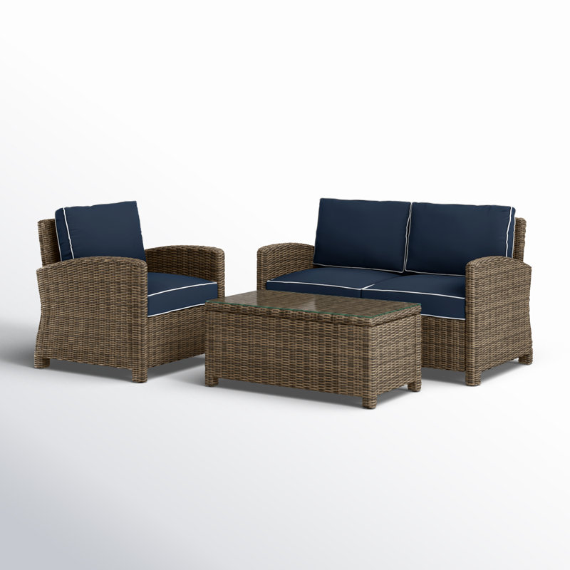3 - Person Patio Conversation Set with Cushions, Navy Velvet, Brown