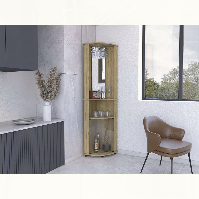 Mirrored Corner Bar Cabinet with Glass Doors and Stemware Rack, Beige