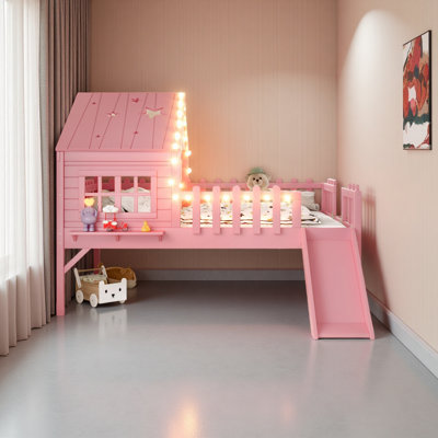 Lit mezzanine avec glissade House, lit de maison de jeu avec motifs en forme d'étoile en forme de lune et fenêtre, design chic avec lumières DEL, aucun sommier nécessaire