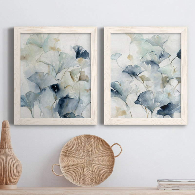 Indigo Ginkgo I - peinture sur toile 2 pièces, Cadre blanc, H 31,5 po x l 23,5 po x P 1 po