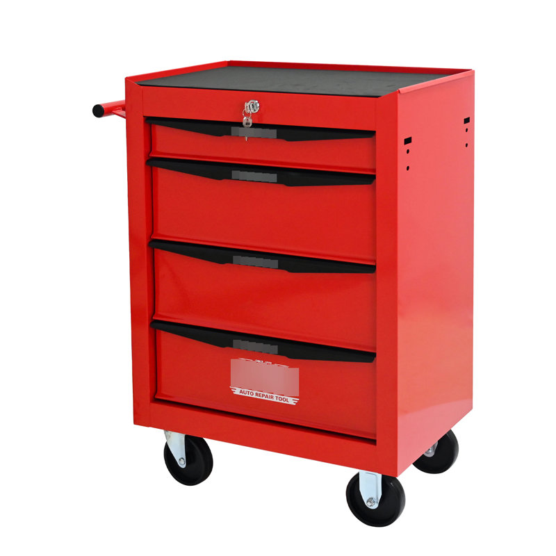 Armoire à outils multifonctionnelle 20 po à 4 tiroirs, avec roulettes, rouge et noir, glissières à roulement pour glissières en métal à ouverture douce, surface de rangement supplémentaire fréquemment utilisée