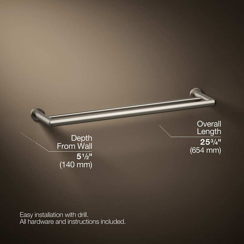 Kumin 26" Wall Mounted Towel Bar, Vibrant Brushed Nickel