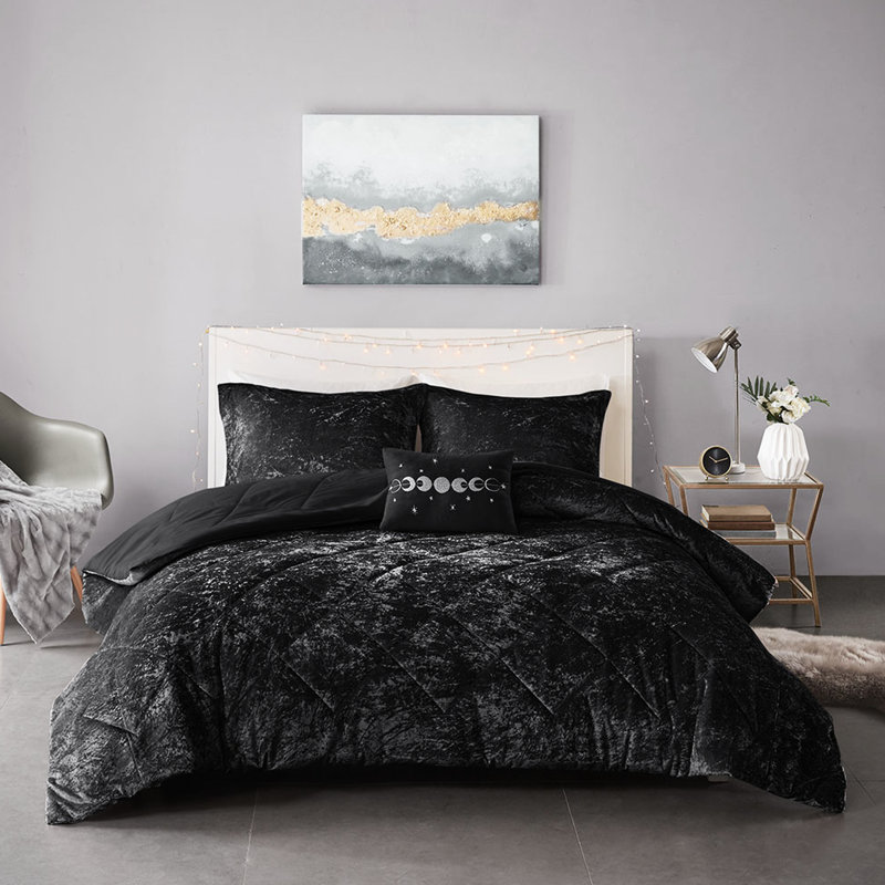 Édredon simple / simple TG en velours - noir, matelassé losangé, lavable à la machine avec coussin, lavable, jeté, Black